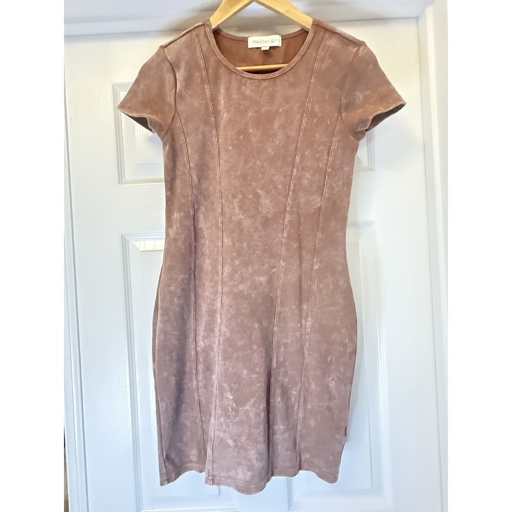 Madden Girl Mini Dress Womens Large Mauve Acid Wash Short Sleeve Princess Seam